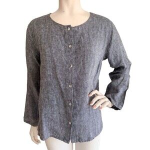 COMFY USA 100% Linen Chambray Top Blouse Gray Button Front Round Neck Size S